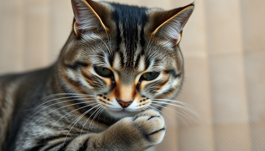 Grey tabby cat licking paw indoors, highlighting possible diet issues.