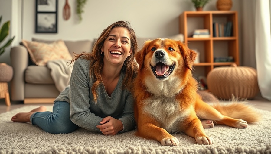Woman embracing a playful dog on a colorful carpet, showcasing how pets impact our mental health.