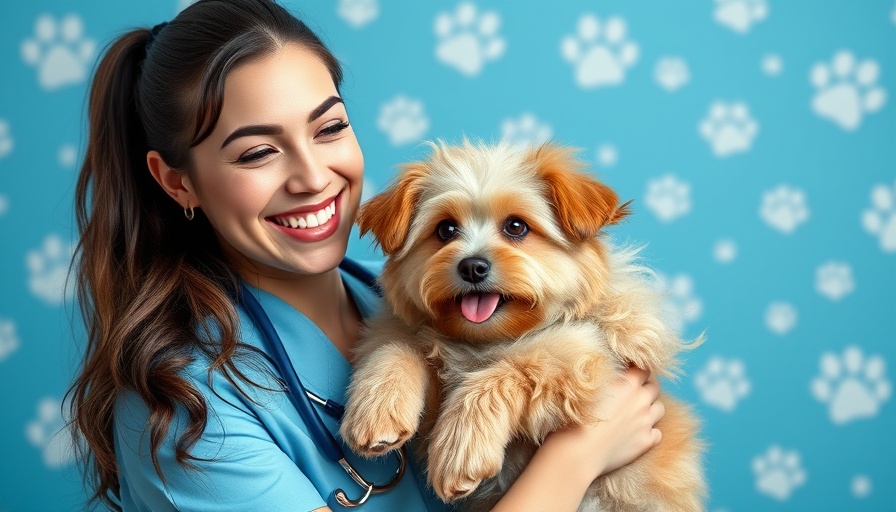 Smiling veterinarian with fluffy dog offers pet advice.