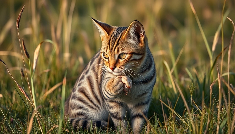 Wild tabby cat with prey in grassy field, depicting nature.