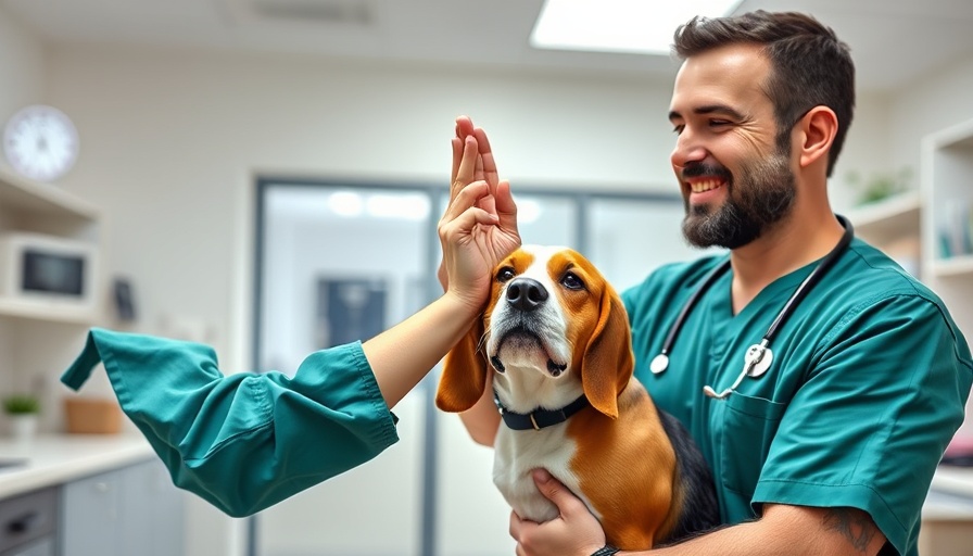 Pet telehealth access: Veterinarian and beagle high-five in clinic.
