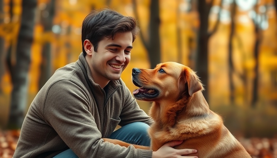 Caring young man with dog in autumn forest for unexpected vet emergencies.