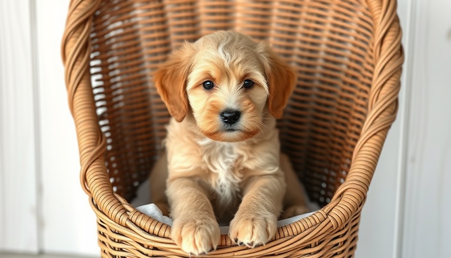 Fluffy Mini Goldendoodle puppy in a wicker chair