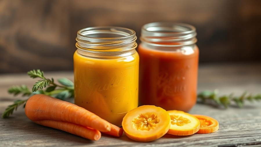 Colorful baby food jars for homemade cat food on rustic wood