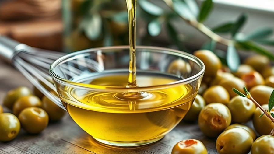 Olive oil being poured into a bowl with fresh olives.