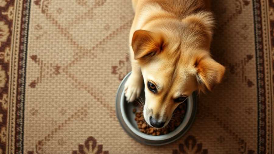 Dog eating human-grade dog food from a bowl on a patterned rug.