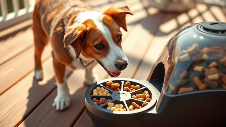 Dog enjoying benefits of slow feeder on wooden deck in sunlight.