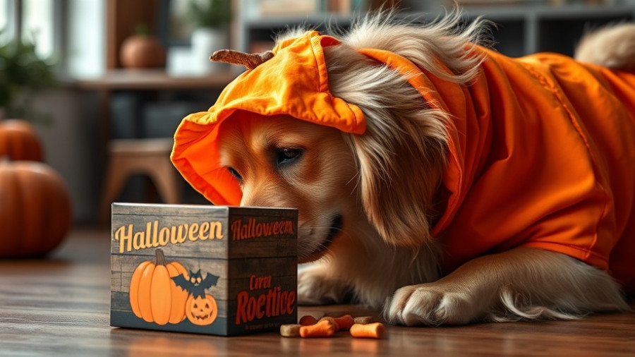 Golden retriever with Halloween dog treats in pumpkin costume.