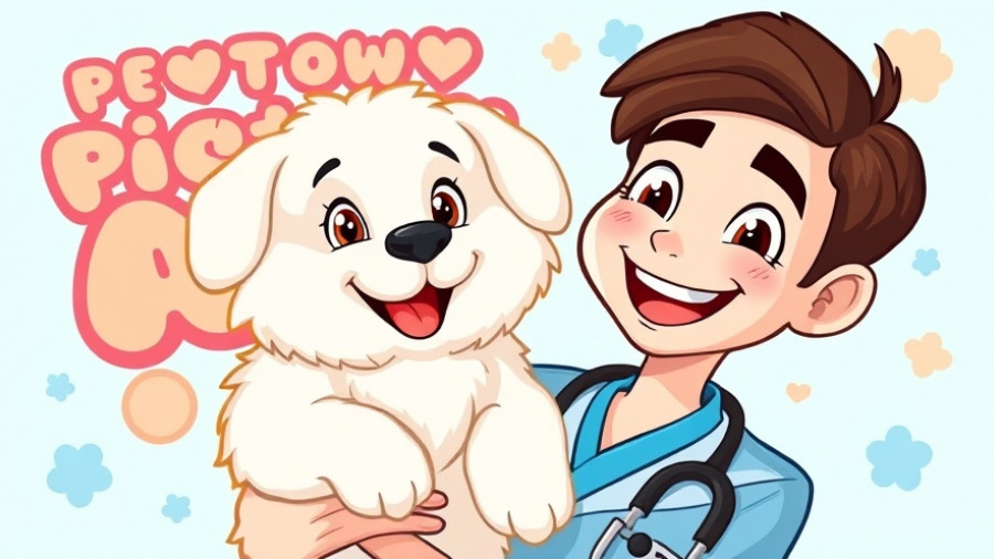 Veterinarian holds a fluffy dog with blue promotional background.