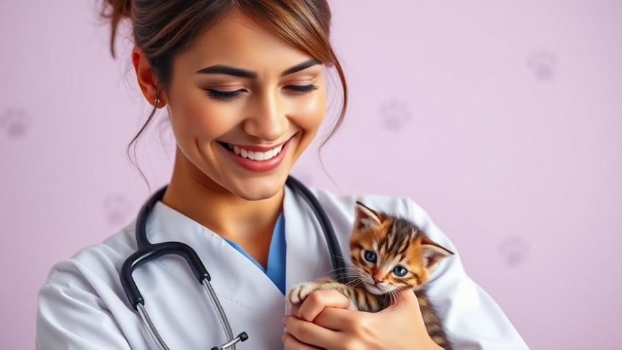 Veterinarians and vet techs: Friendly veterinarian holding kitten in poster.