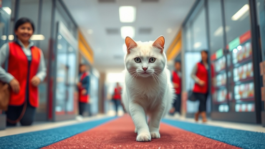 Francine the Lowe’s cat walks confidently on blue carpet with employees.