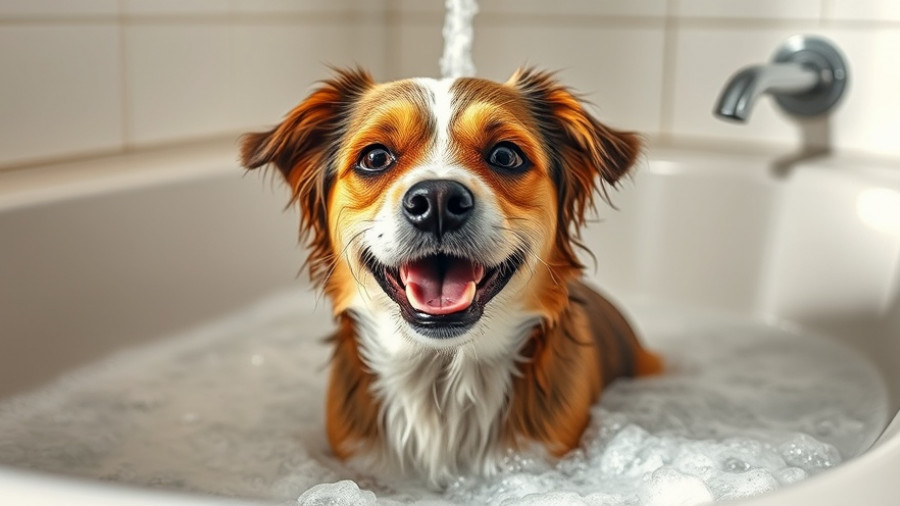 Happy wet dog getting a bath in a modern bathroom with foamy suds.