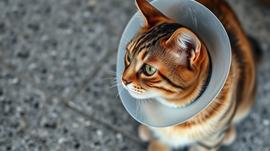 Cat with cone collar resting during post-spay/neuter recovery.