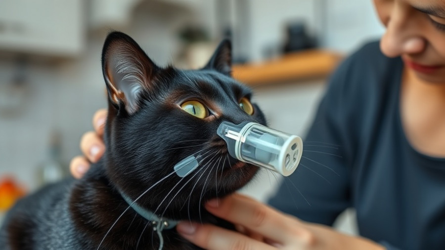 Can Cats Get The Flu? Black cat using nebulizer with assistance.
