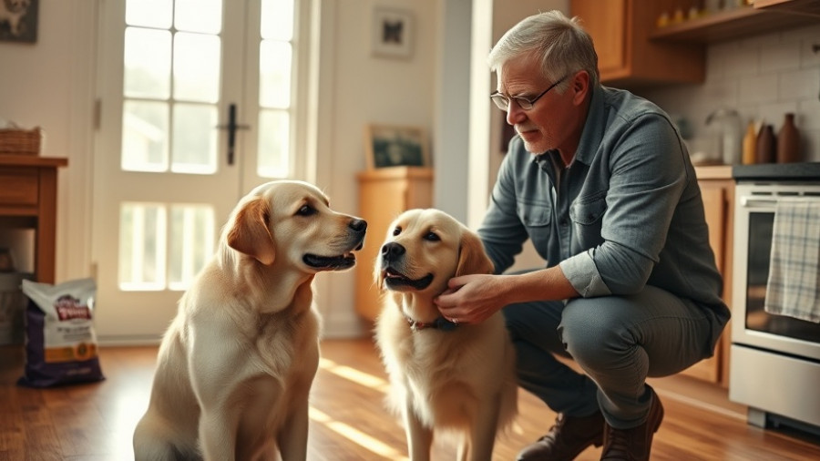 Man feeding dogs in kitchen highlighting microbiome and dog health.