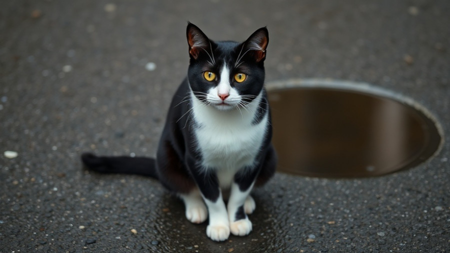 Charming tuxedo cat sitting on wet pavement near pebbles.