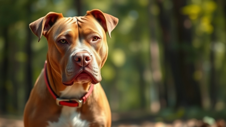 Pit Bull with skin issues outdoors in wooded area.