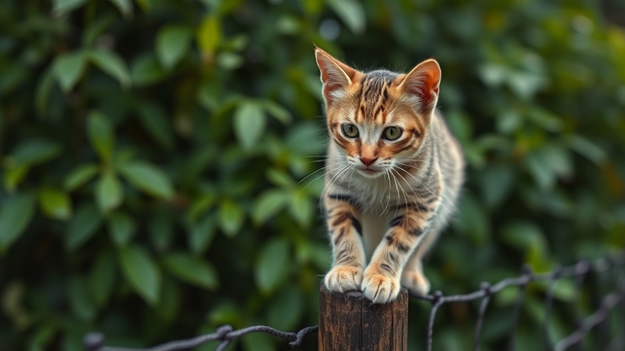 Curious cat on a cat-proof fence with netting in garden
