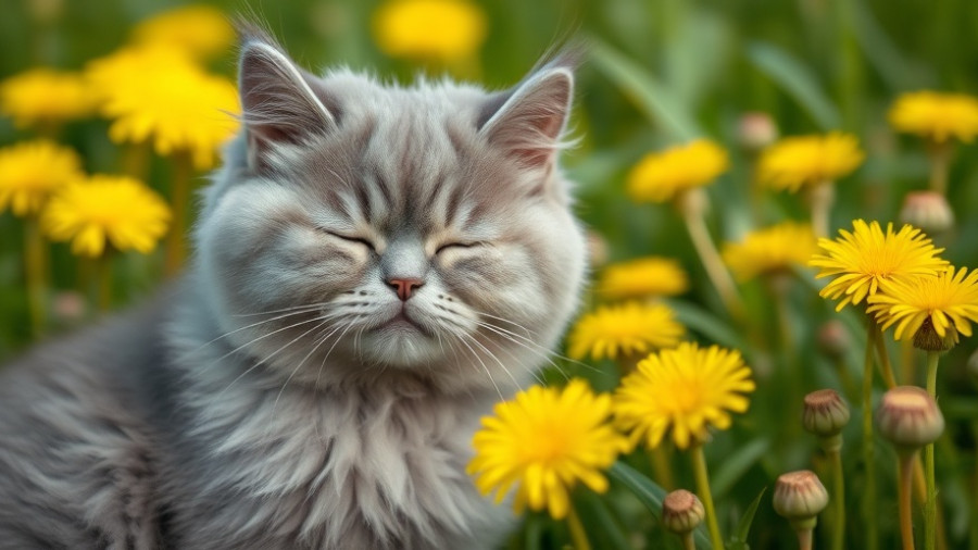 Fluffy grey cat sneezing frequently in a grassy field with dandelions.