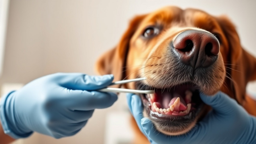 Veterinarian brushing a dog's teeth with gloves.