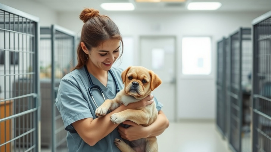 Veterinarian comforts small dog in clinic, related to canine parainfluenza.