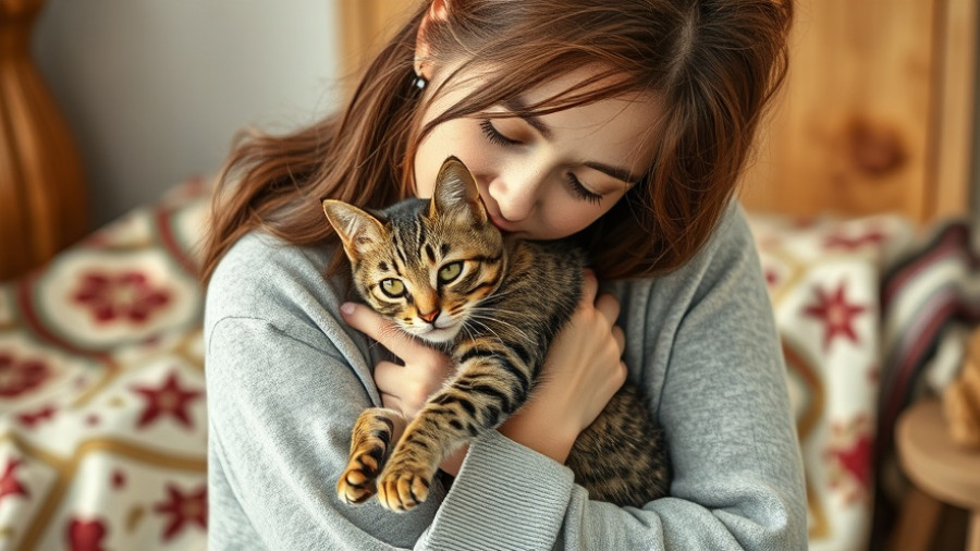 Tender moment of woman holding a cat, emotional scene