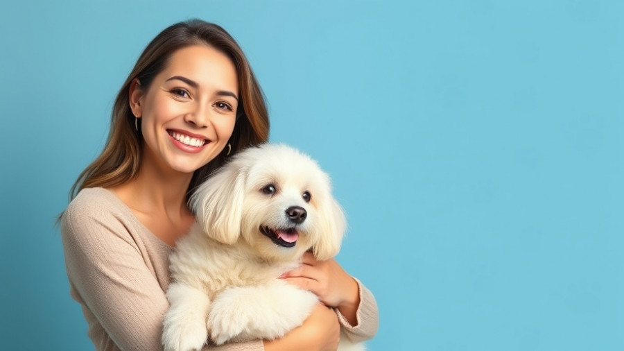 Cheerful woman holding a fluffy white dog, smiling against a blue backdrop.