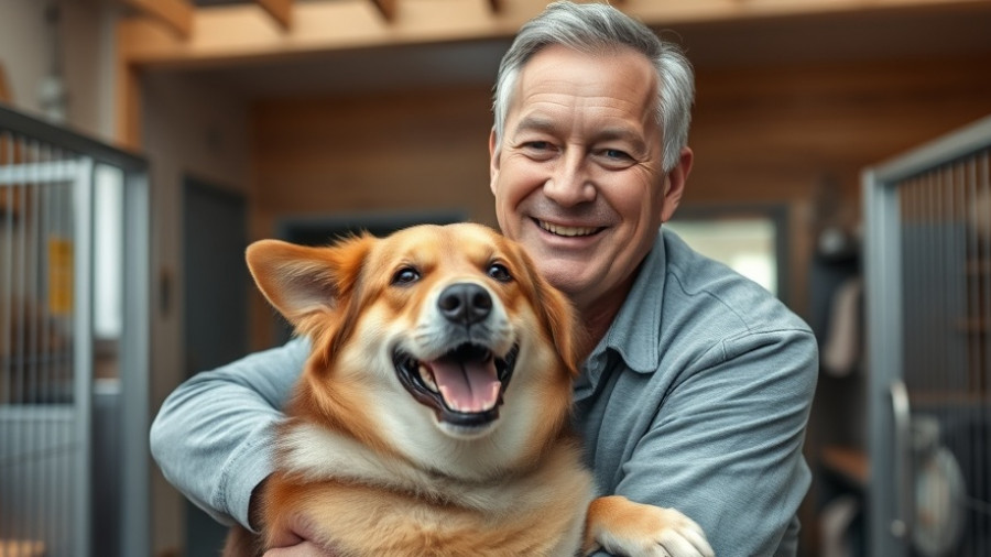 Veterans and shelter pets: Man smiling with his dog indoors.