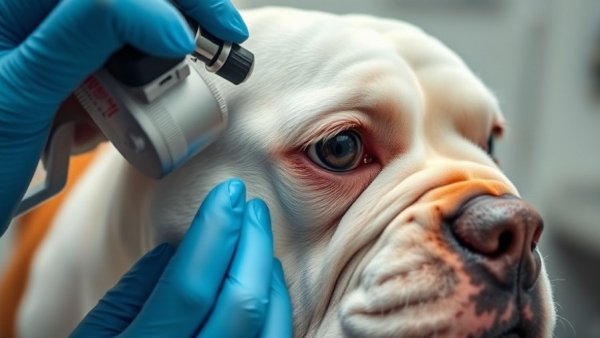 Vet examining bulldog's eye for uveitis symptoms