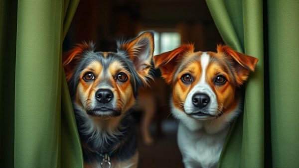 Curious dogs peeking from curtains, exploring cautiously indoors.