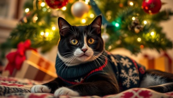 Charming tuxedo cat holiday portrait under a decorated Christmas tree.