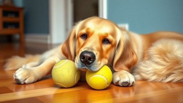 Senior golden retriever resting with tennis ball on wooden floor.