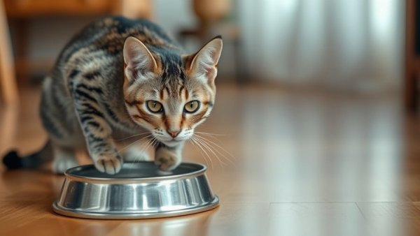 Indoor cat care mistakes: Tabby cat drinking by food bowl.
