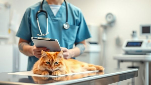 Veterinary costs in the UK: vet examining cat in clinic.