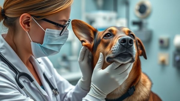 Veterinarian checks for signs of ear infections in dogs.