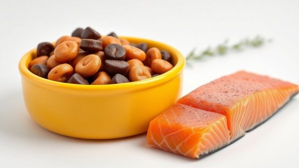 Vibrant yellow dog bowl next to fresh salmon fillet with soft lighting.