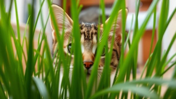 Tabby cat in a safe herb garden for cats with green plants.