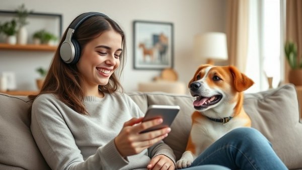 Impact of Pet Telehealth: Woman using smartphone with dog.