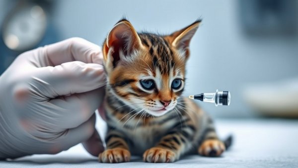 Kitten receiving FVRCP vaccine, being gently held by gloved hands.