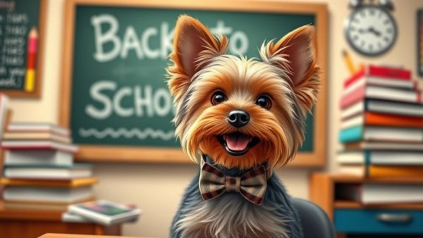 Cartoon Yorkshire Terrier wins Dog Photo Contest, vibrant backdrop.