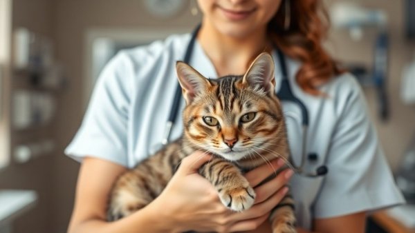 Veterinarian examining cat for jaundice symptoms, feline health check.