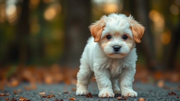 Cute Maltipoo puppy on deck with blurred background.