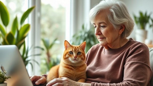 Elderly woman and cat doing online vet consultation, UK pet owners
