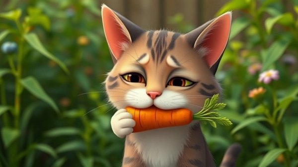 Sad cartoon cat with carrot, super veggies for your cat's health concept.