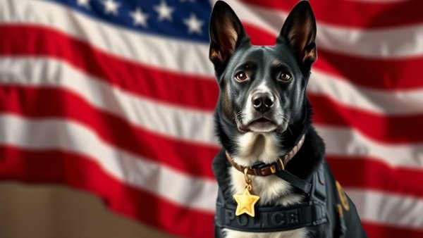 Sergeant Bo 2025 Hero Dog proudly wearing badge in front of flag.