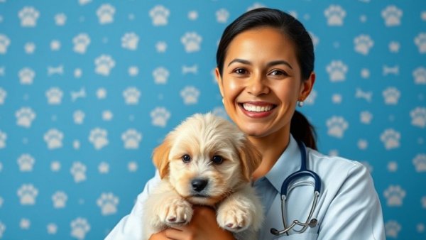 Veterinarian holding fluffy puppy, smiling, blue paw background