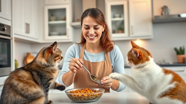 Cheerful woman making cat food, promoting pet food transparency.