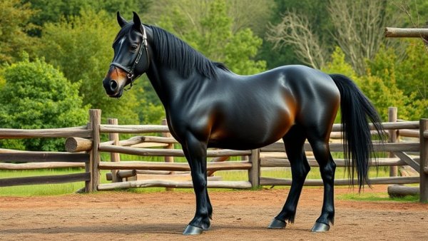 Majestic black Percheron horse standing in a rustic paddock.