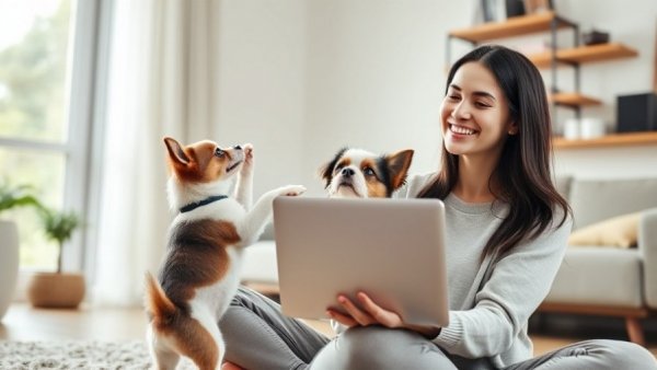 Woman with laptop and dog in living room for Best Online Vet Services for Canadians.