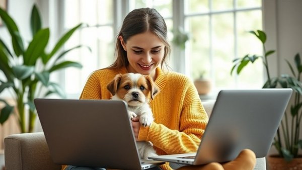 Pet parent using laptop for best online vet services.